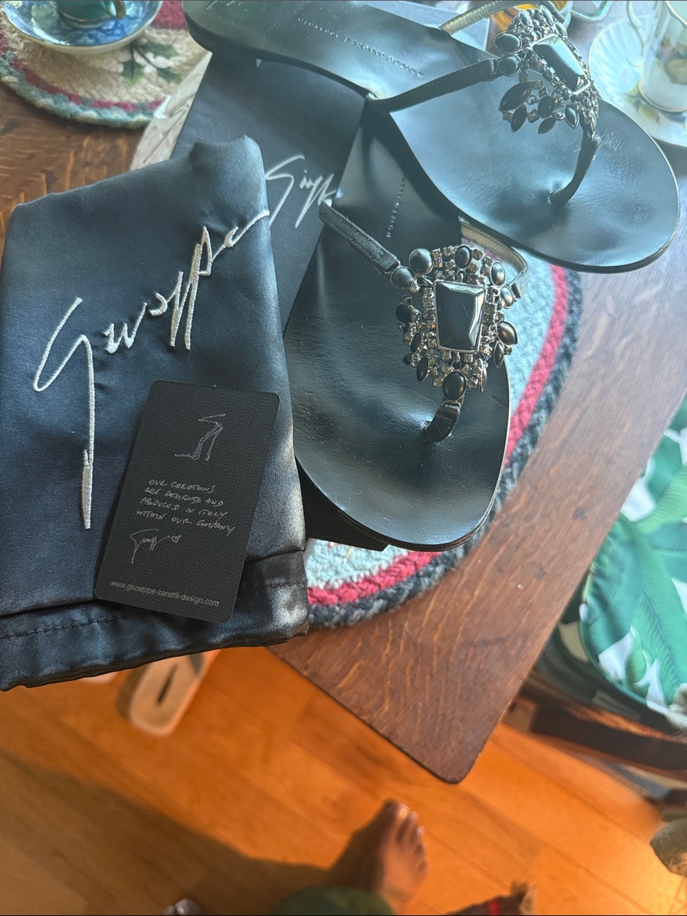 Giuseppe Zanotti Black Jeweled Leather Thong Sandals